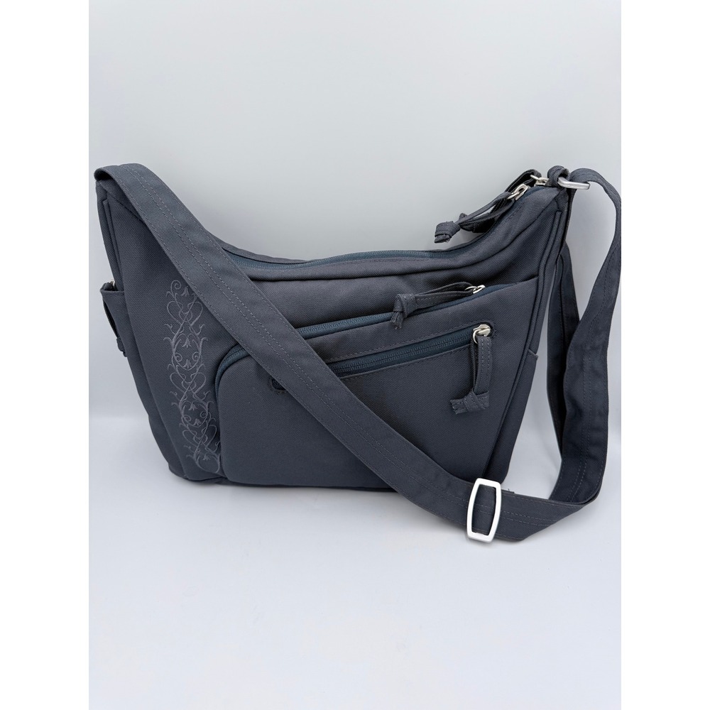 REI Crossbody Bag Canvas Blue-Gray Embroidered Utility Travel Messenger Purse